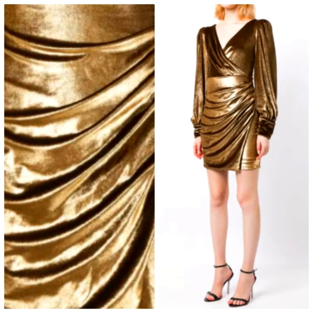 Nwt PatBO Gold Goddess Velvet Vogue Editorial Draped Mini Dress 4